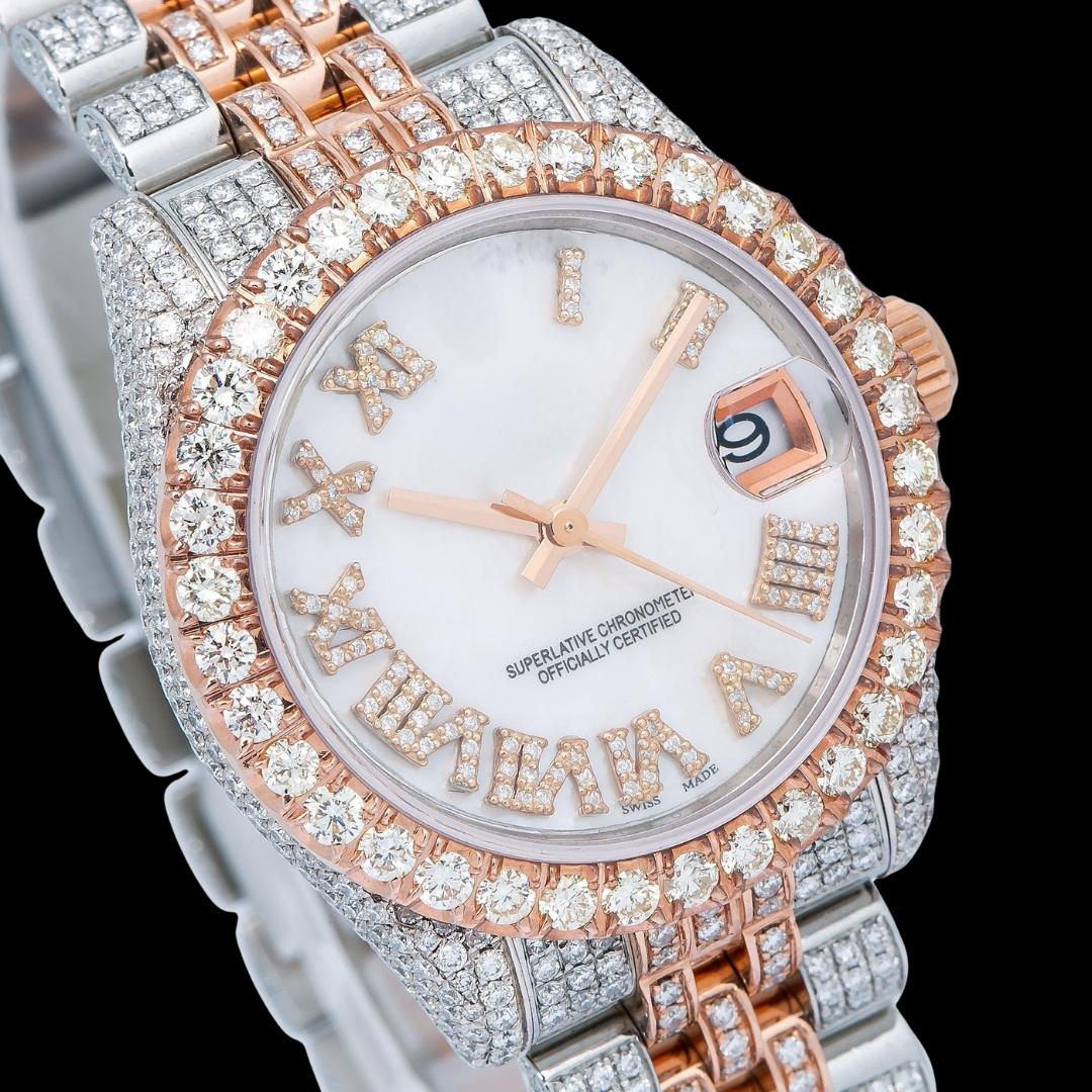 Datejust Rolex White Pearl Roman Diamond Dial Two Tone Rose Gold Jubilee Bracelet Iced Out Moissanite Watch Close Up Dial View