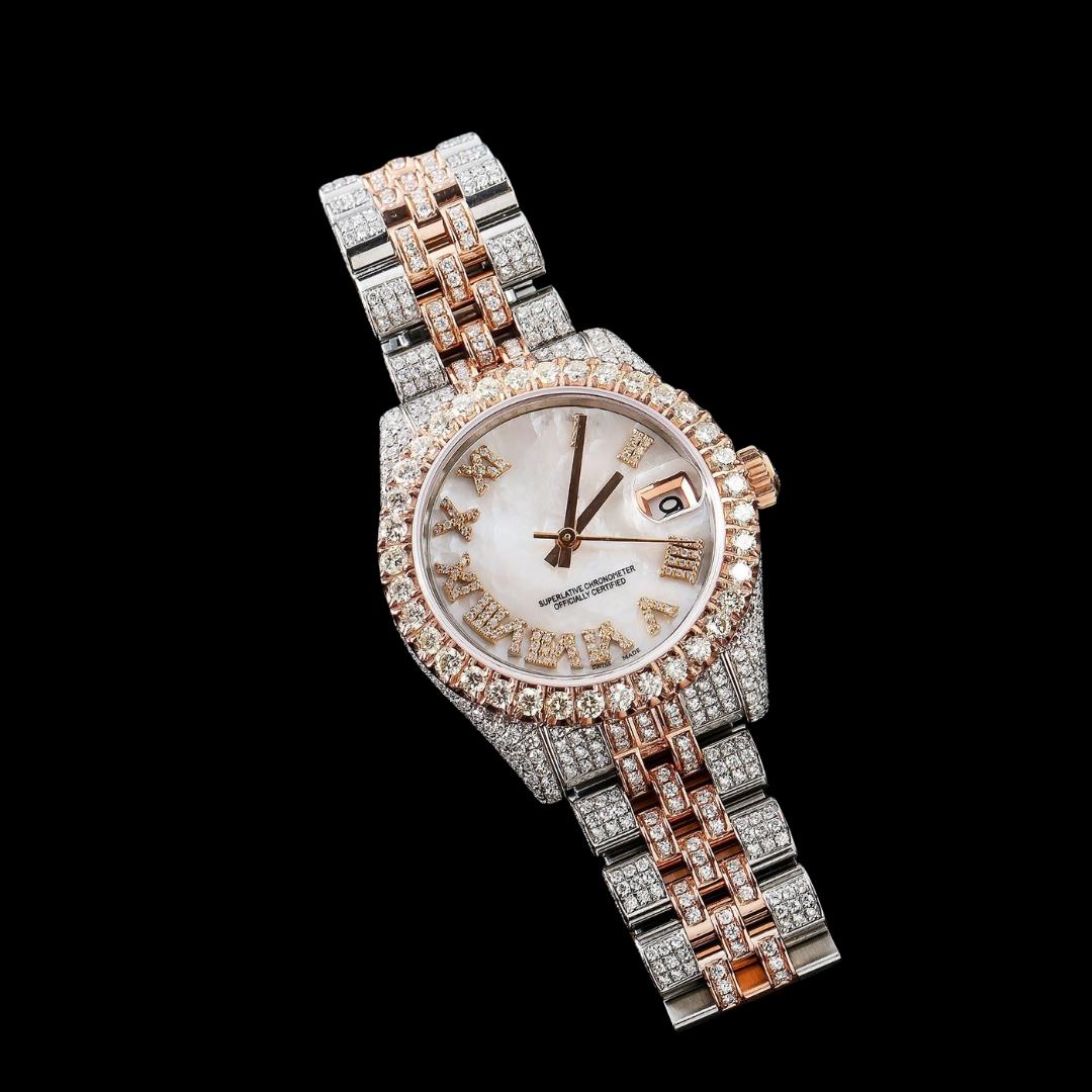 Datejust Rolex White Pearl Roman Diamond Dial Two Tone Rose Gold Jubilee Bracelet Iced Out Moissanite Watch Close Up Front View