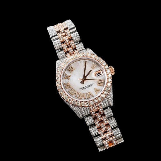 Datejust Rolex White Pearl Roman Diamond Dial Two Tone Rose Gold Jubilee Bracelet Iced Out Moissanite Watch Close Up Front View