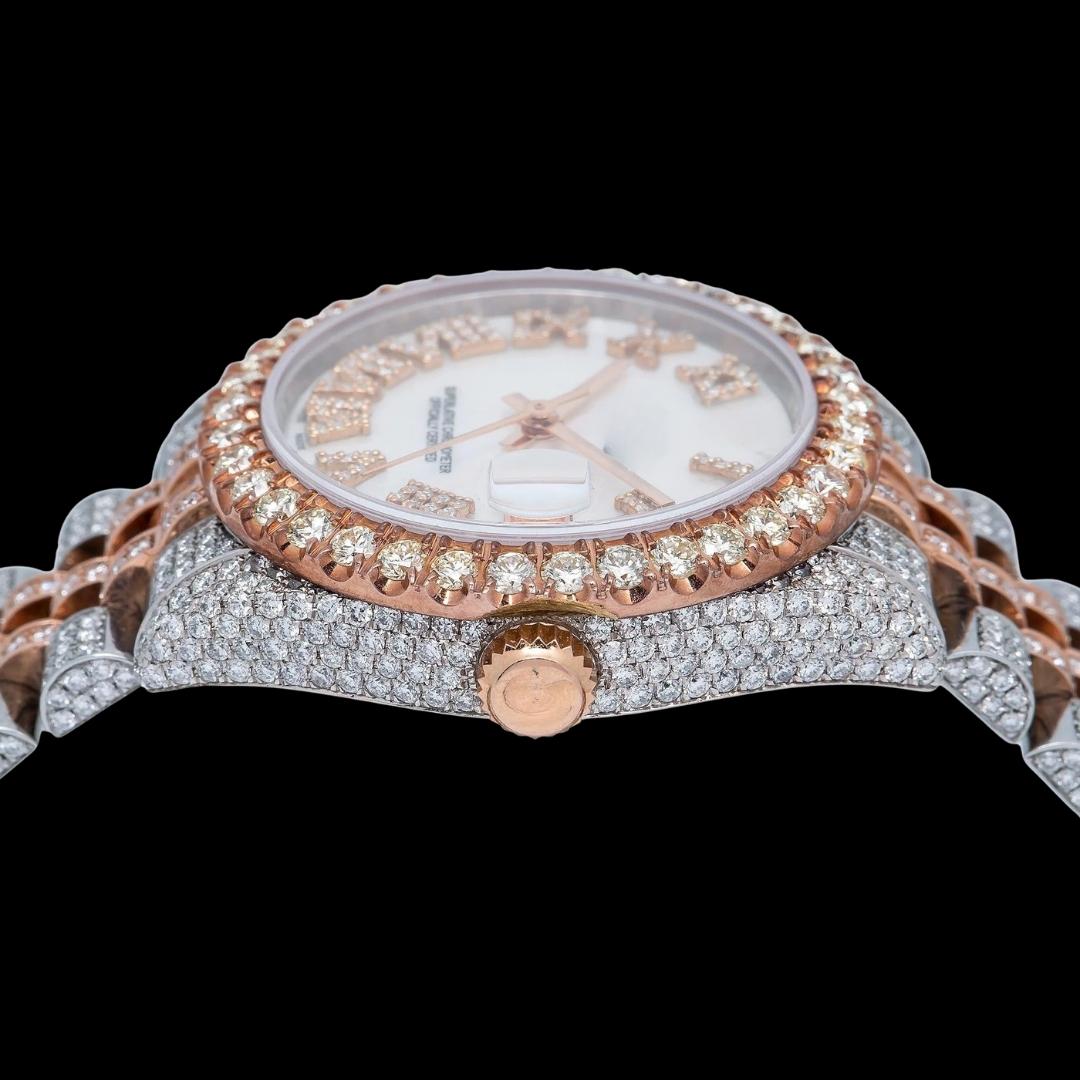 Datejust Rolex White Pearl Roman Diamond Dial Two Tone Rose Gold Jubilee Bracelet Iced Out Moissanite Watch Crown View