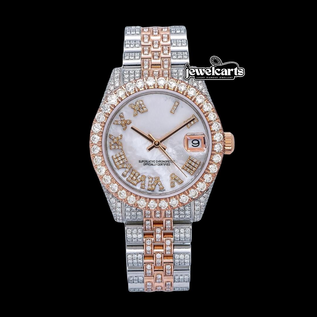Datejust Rolex White Pearl Roman Diamond Dial Two Tone Rose Gold Jubilee Bracelet Iced Out Moissanite Watch Front View