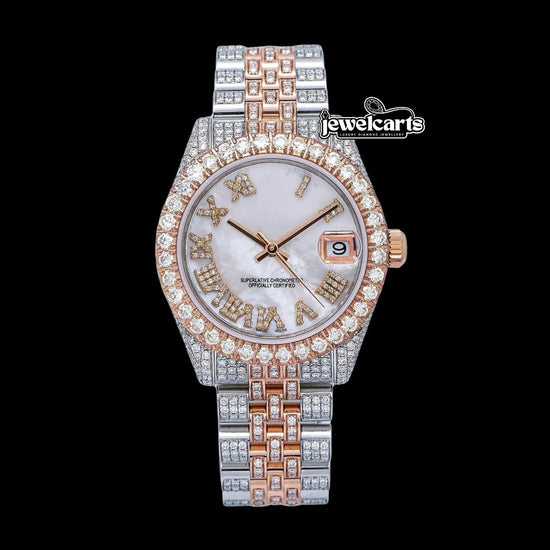 Datejust Rolex White Pearl Roman Diamond Dial Two Tone Rose Gold Jubilee Bracelet Iced Out Moissanite Watch Front View