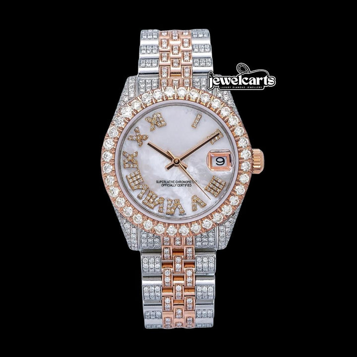 Datejust Rolex White Pearl Roman Diamond Dial Two Tone Rose Gold Jubilee Bracelet Iced Out Moissanite Watch Front View