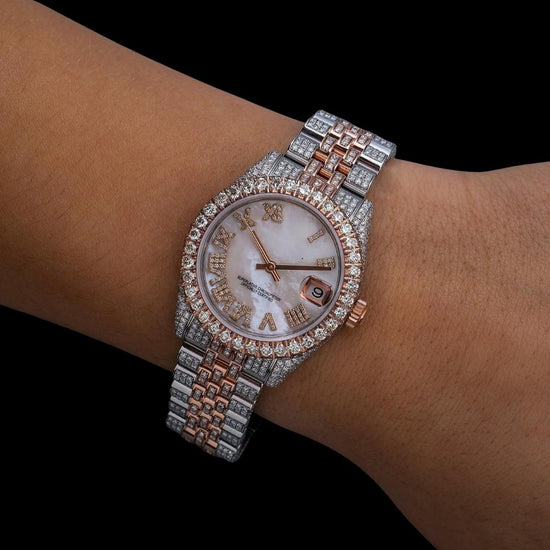Datejust Rolex White Pearl Roman Diamond Dial Two Tone Rose Gold Jubilee Bracelet Iced Out Moissanite Watch On Wrist View