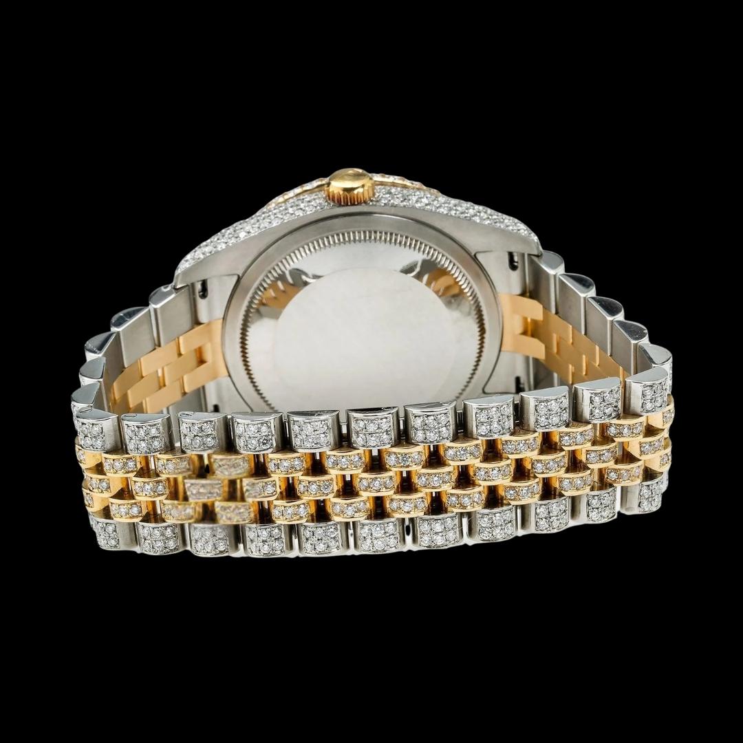 Datejust Rolex Yellow Gold Diamond Paved Dial Red Arabic Numerals Two Tone Jubilee Moissanite Watch Caseback View
