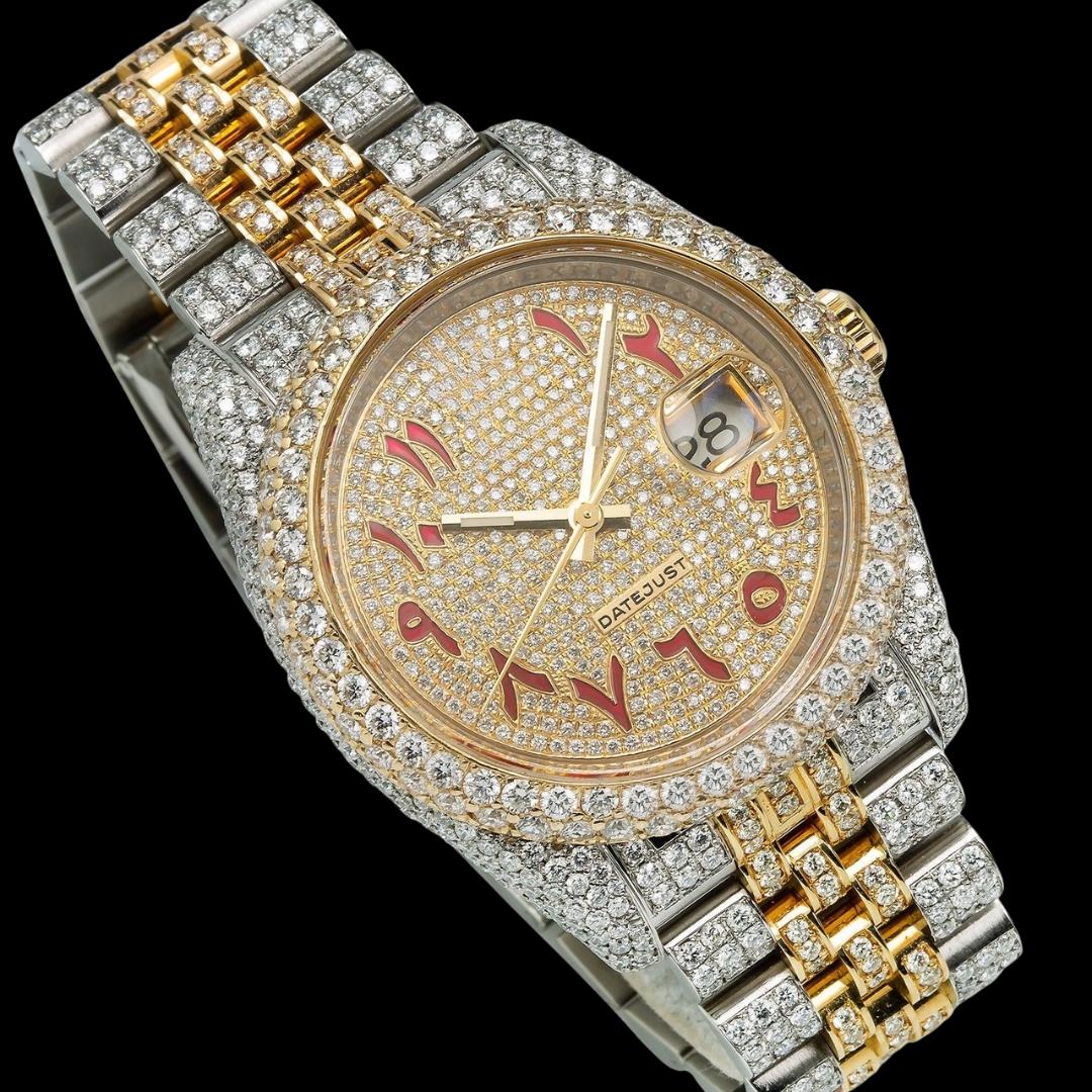 Datejust Rolex Yellow Gold Diamond Paved Dial Red Arabic Numerals Two Tone Jubilee Moissanite Watch Close Up Front View