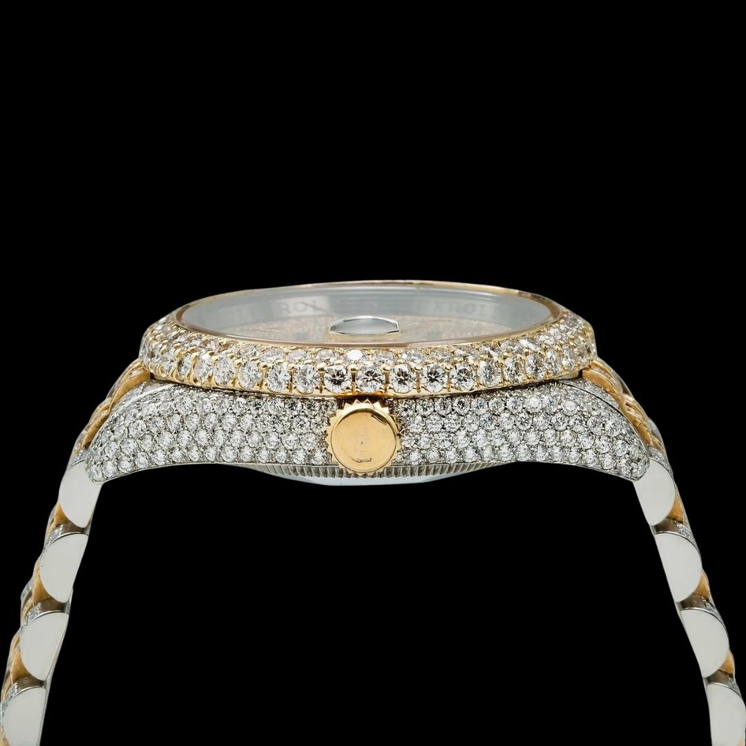 Datejust Rolex Yellow Gold Diamond Paved Dial Red Arabic Numerals Two Tone Jubilee Moissanite Watch Crown View