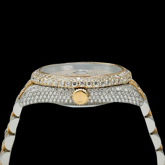 Datejust Rolex Yellow Gold Diamond Paved Dial Red Arabic Numerals Two Tone Jubilee Moissanite Watch Crown View