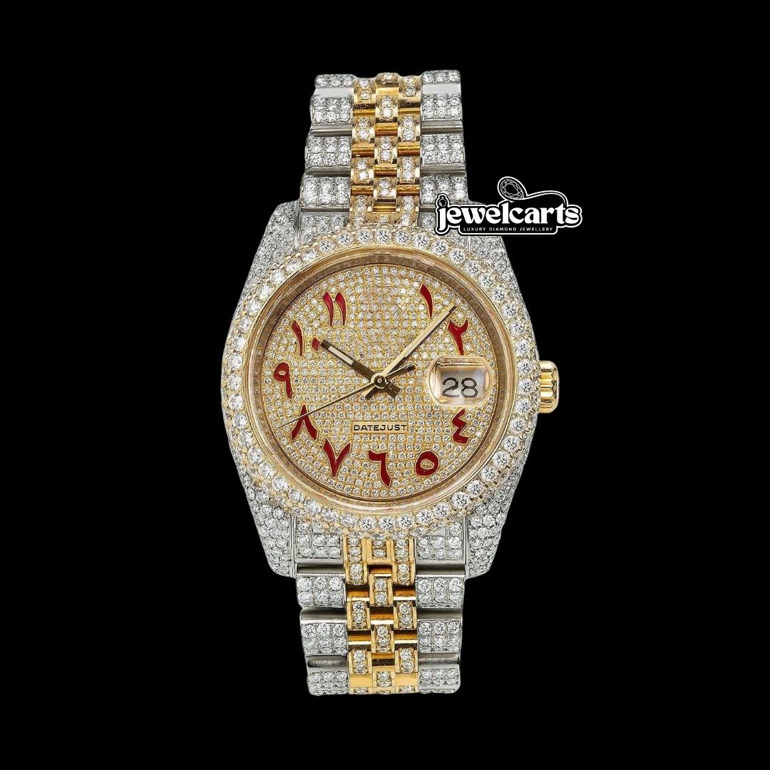 Datejust Rolex Yellow Gold Diamond Paved Dial Red Arabic Numerals Two Tone Jubilee Moissanite Watch Front View