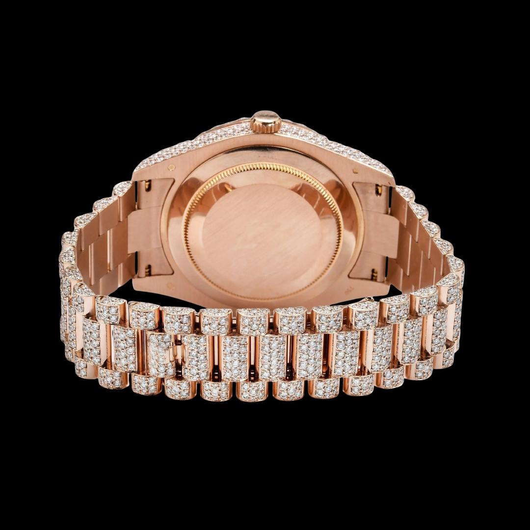 Day-Date II Rolex Diamond Paved Dial Roman Numerals Rose Gold President Bracelet Fully Iced Out Moissanite Watch Caseback View