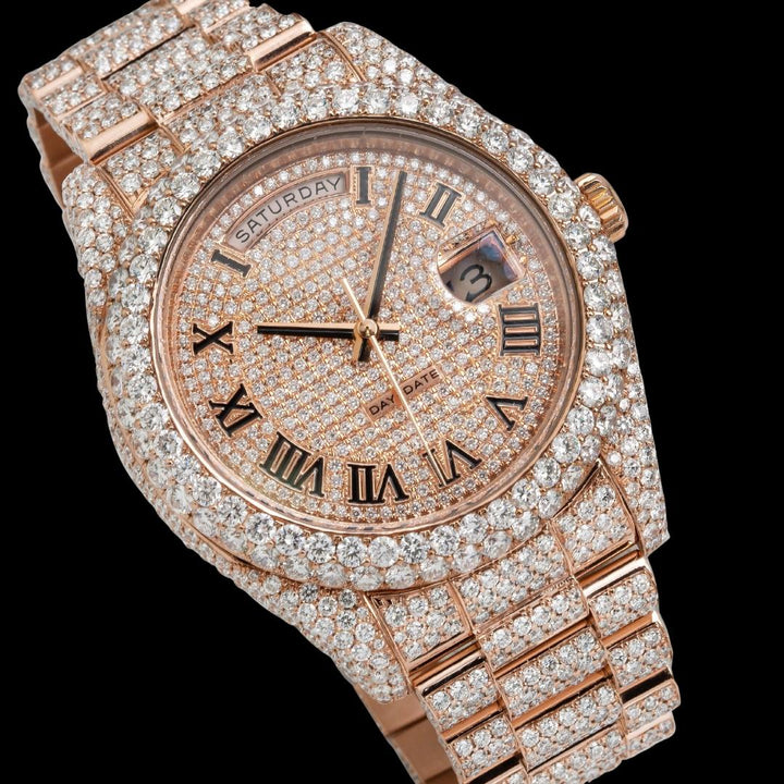 Day-Date II Rolex Diamond Paved Dial Roman Numerals Rose Gold President Bracelet Fully Iced Out Moissanite Watch Close Up Dial View