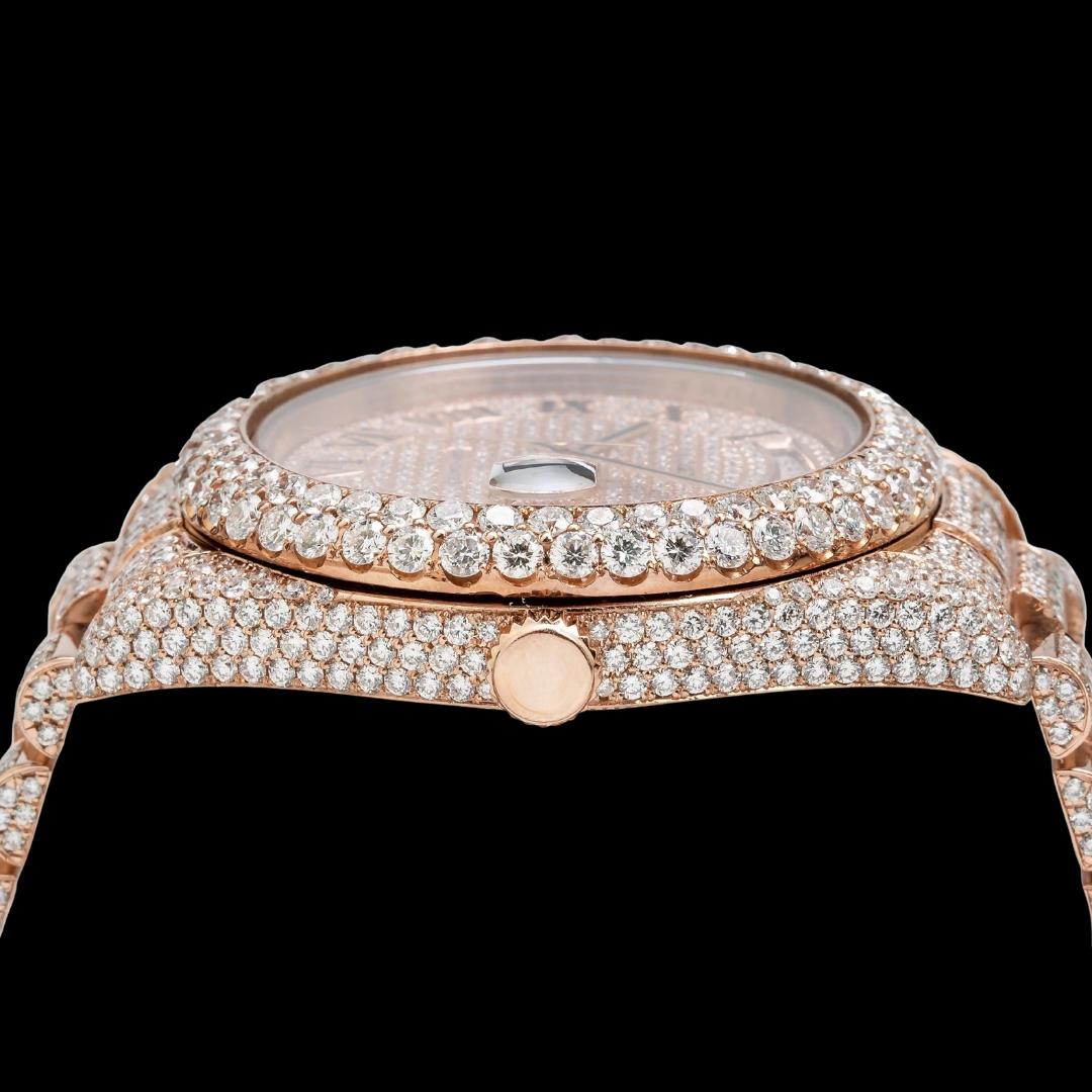 Day-Date II Rolex Diamond Paved Dial Roman Numerals Rose Gold President Bracelet Fully Iced Out Moissanite Watch Crown View