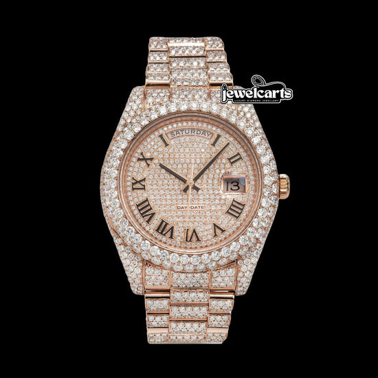 Day-Date II Rolex Diamond Paved Dial Roman Numerals Rose Gold President Bracelet Fully Iced Out Moissanite Watch Front View