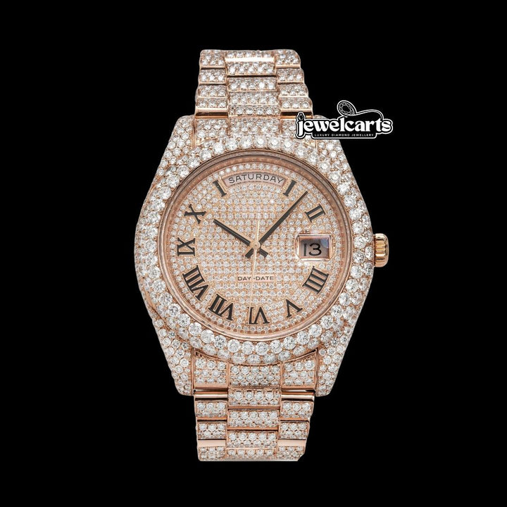 Day-Date II Rolex Diamond Paved Dial Roman Numerals Rose Gold President Bracelet Fully Iced Out Moissanite Watch Front View