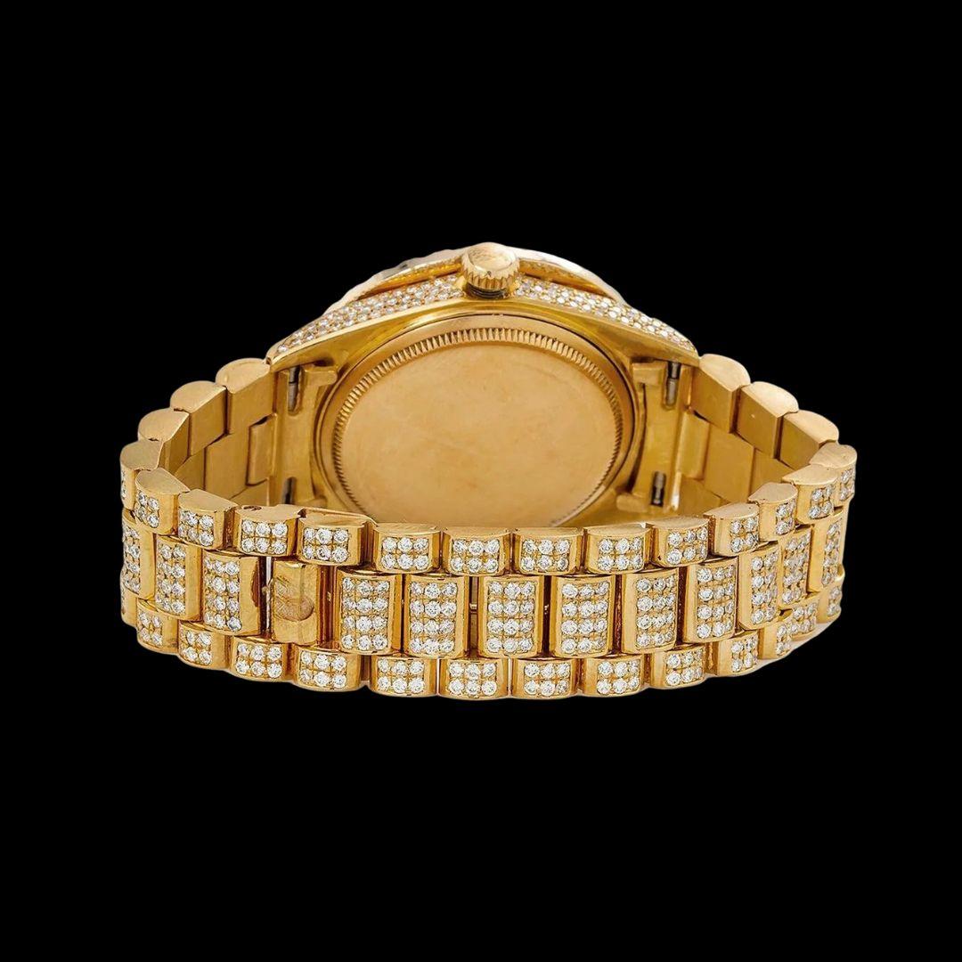 Day-Date Rolex Black Pearl Dial Roman Numerals President Yellow Gold Iced Out Moissanite Watch Caseback View