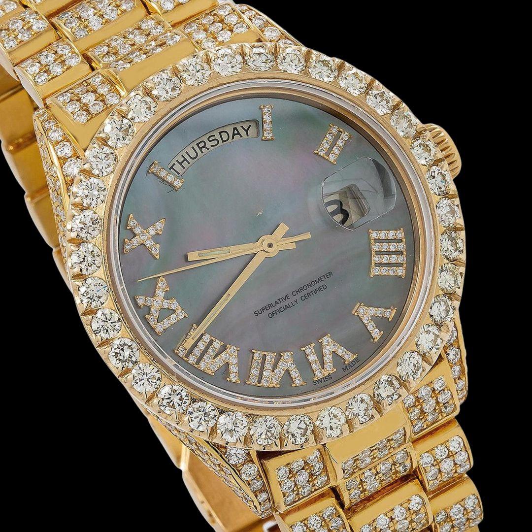 Day-Date Rolex Black Pearl Dial Roman Numerals President Yellow Gold Iced Out Moissanite Watch Close Up Dial View