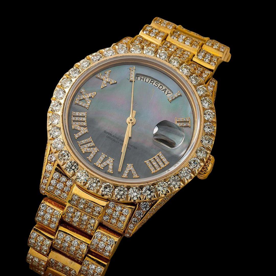 Day-Date Rolex Black Pearl Dial Roman Numerals President Yellow Gold Iced Out Moissanite Watch Close Up Front View