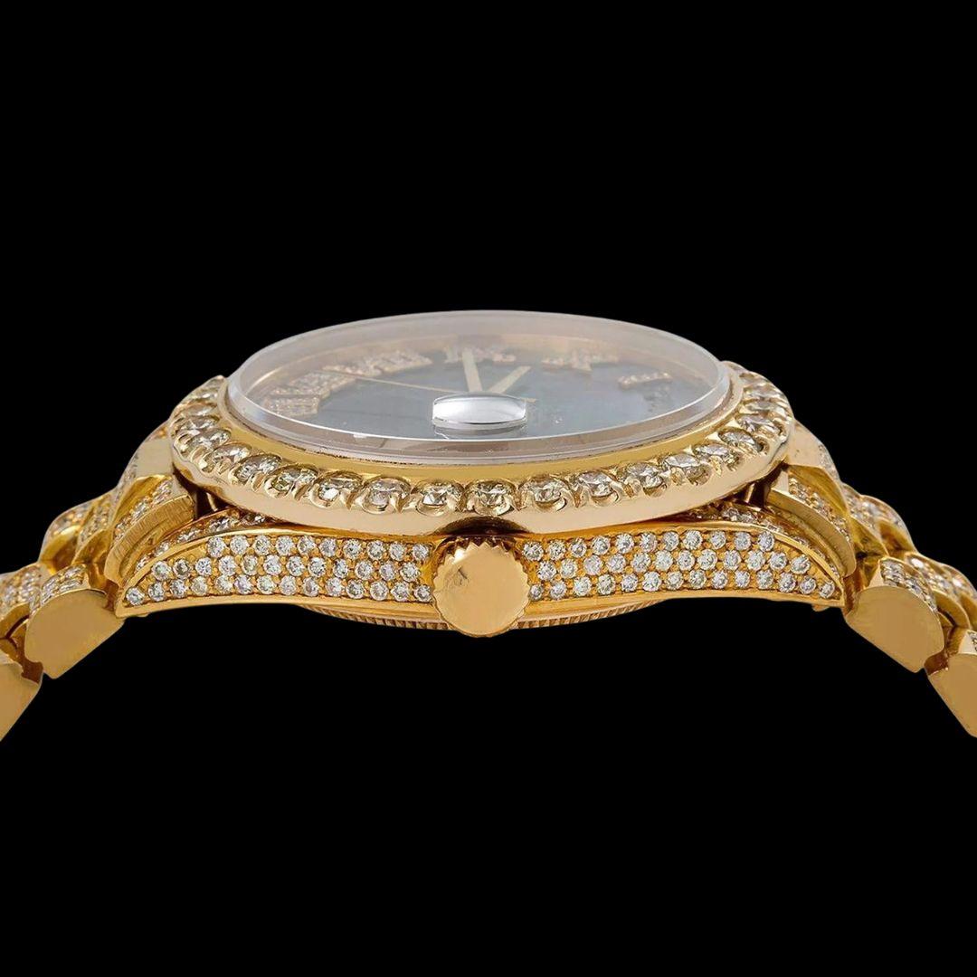 Day-Date Rolex Black Pearl Dial Roman Numerals President Yellow Gold Iced Out Moissanite Watch Crown View