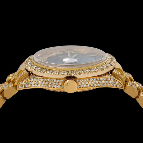 Day-Date Rolex Black Pearl Dial Roman Numerals President Yellow Gold Iced Out Moissanite Watch Crown View