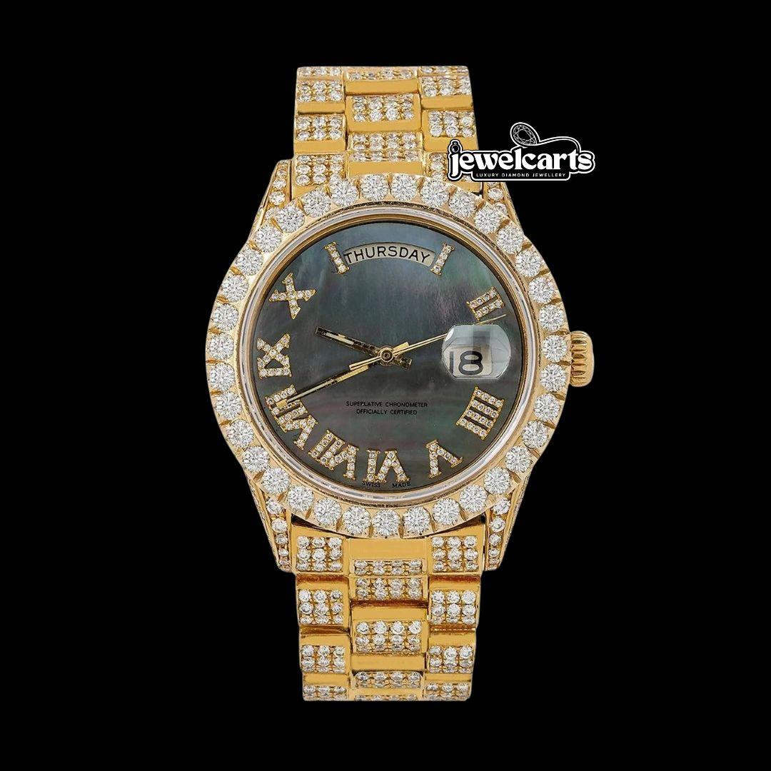 Day-Date Rolex Black Pearl Dial Roman Numerals President Yellow Gold Iced Out Moissanite Watch Front View