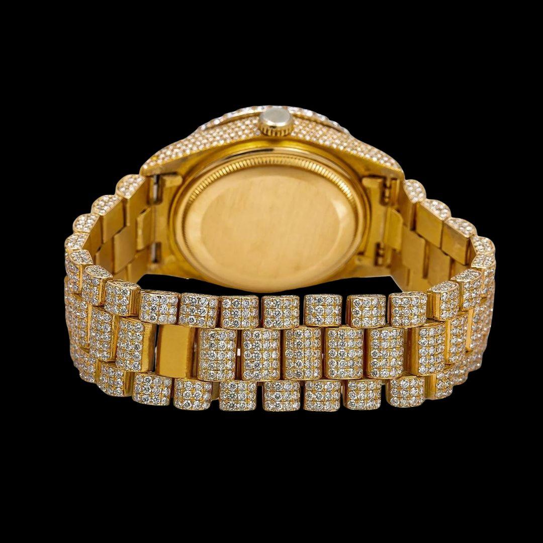 Day-Date Rolex Black Roman Dial Fully Iced Out Yellow Gold President Bracelet Moissanite Watch Caseback View