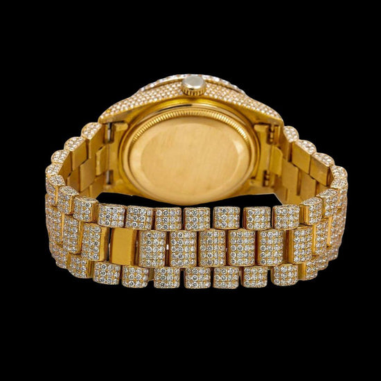 Day-Date Rolex Black Roman Dial Fully Iced Out Yellow Gold President Bracelet Moissanite Watch Caseback View