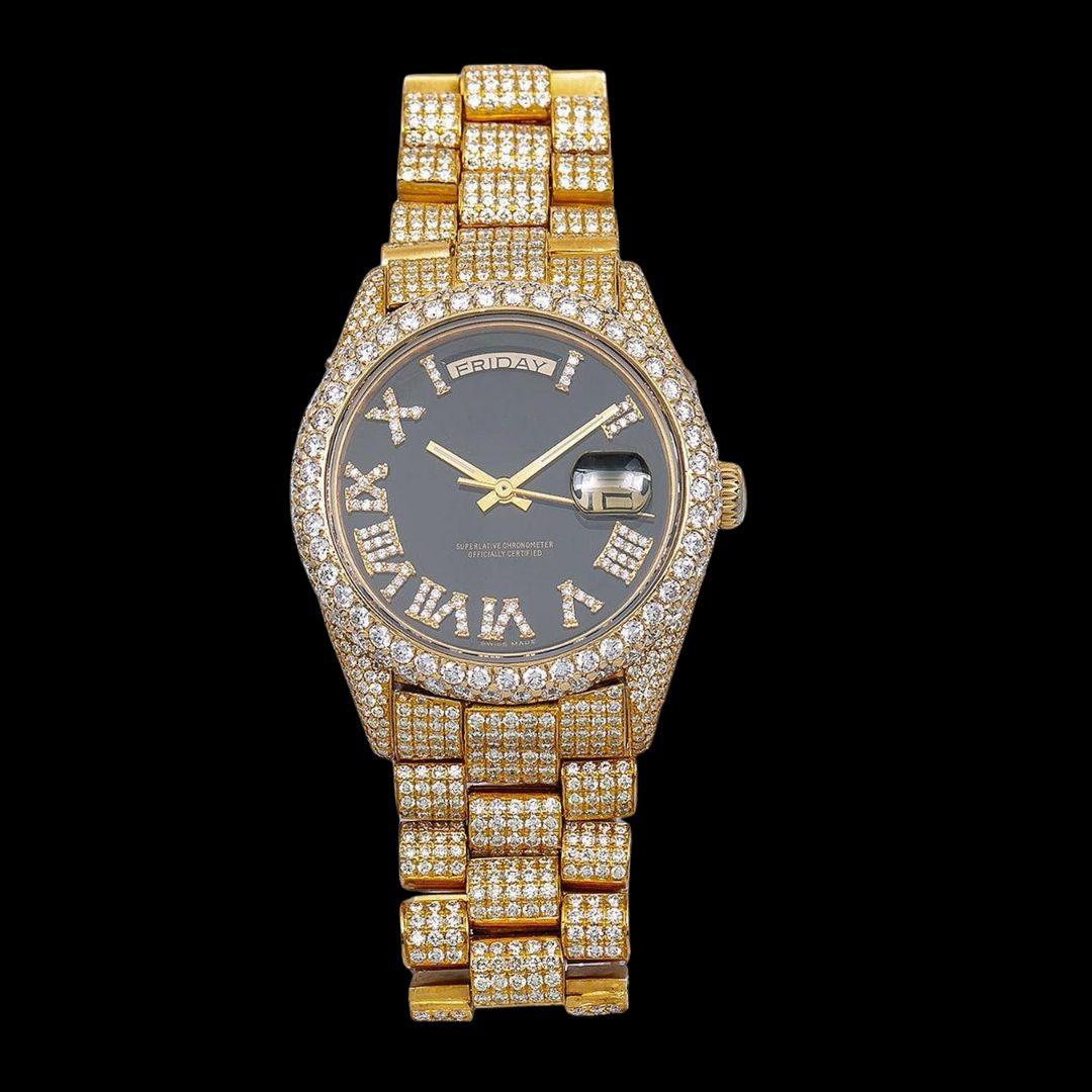Day-Date Rolex Black Roman Dial Fully Iced Out Yellow Gold President Bracelet Moissanite Watch Close Up Front View