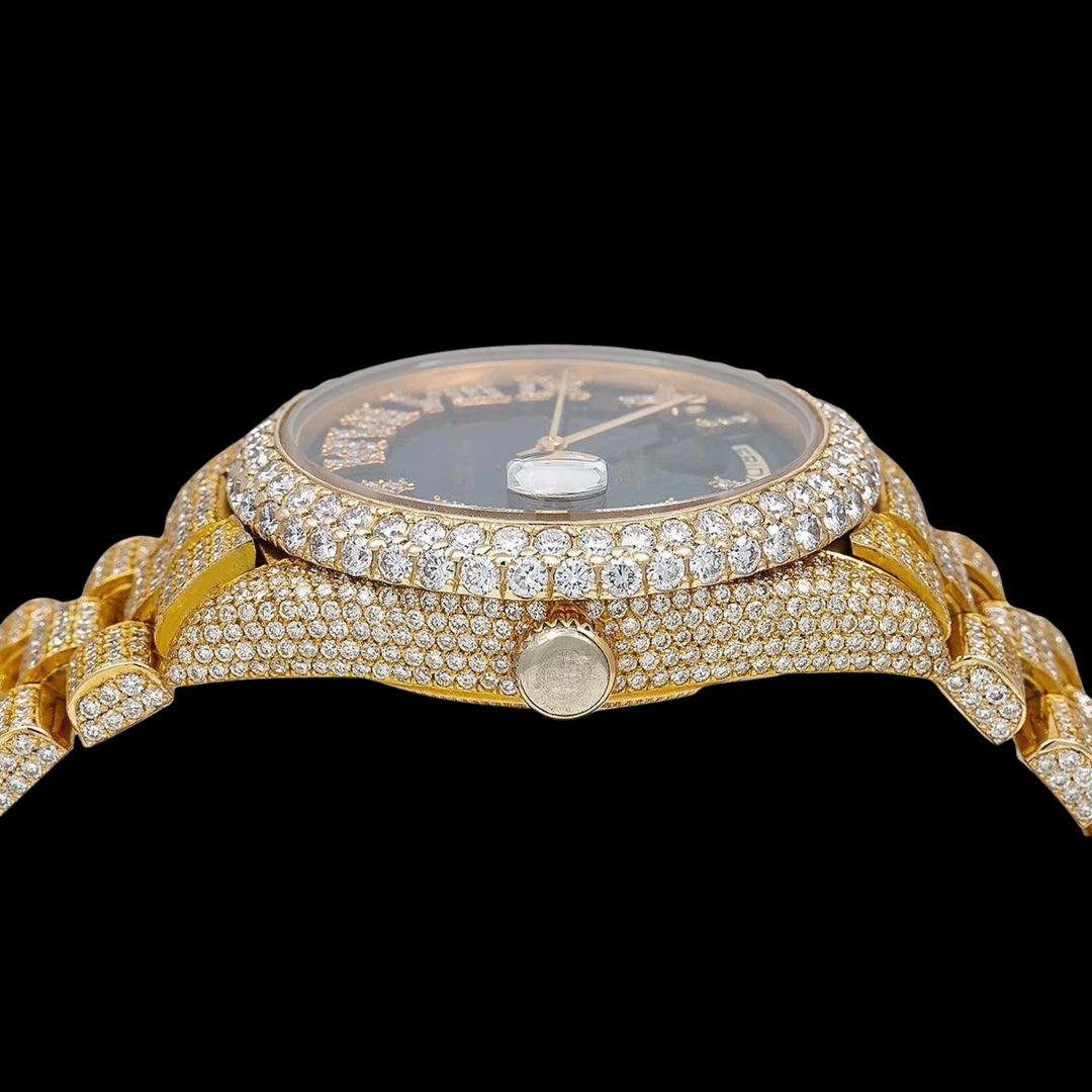 Day-Date Rolex Black Roman Dial Fully Iced Out Yellow Gold President Bracelet Moissanite Watch Crown View