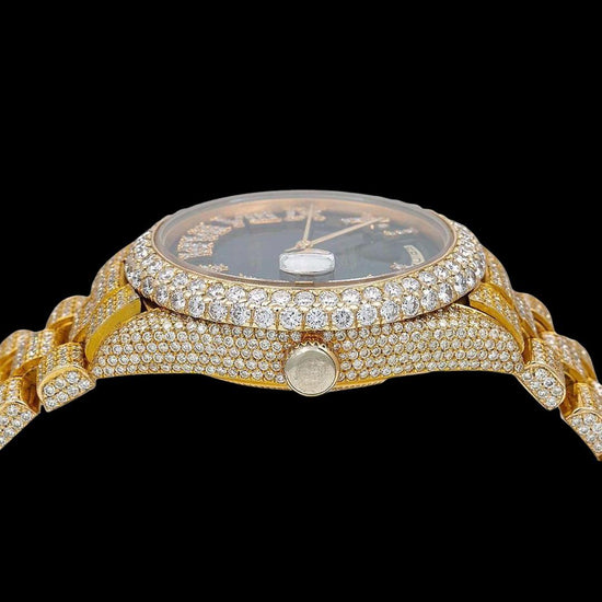 Day-Date Rolex Black Roman Dial Fully Iced Out Yellow Gold President Bracelet Moissanite Watch Crown View