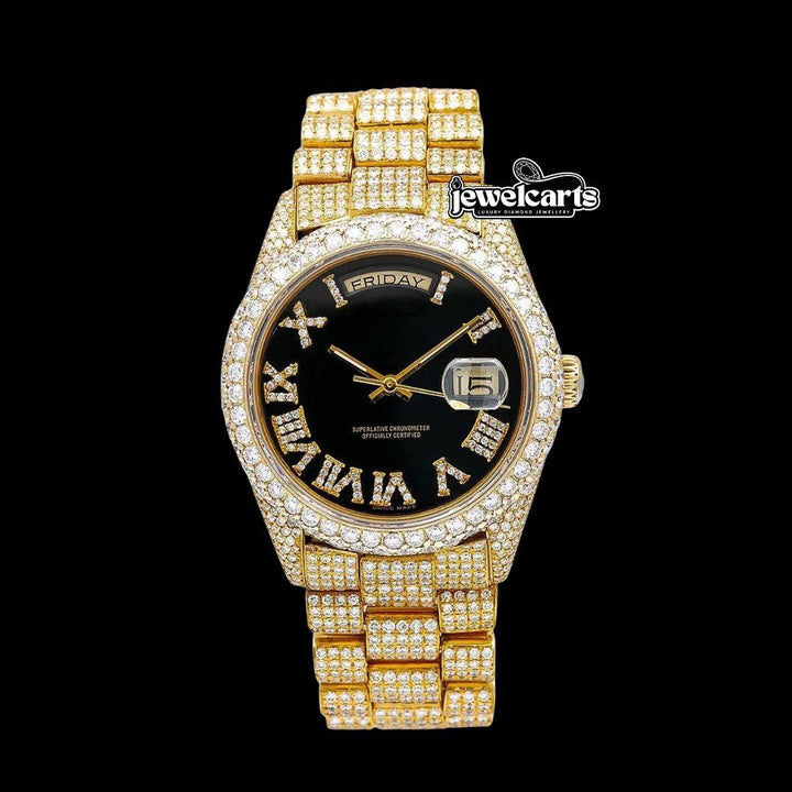 Day-Date Rolex Black Roman Dial Fully Iced Out Yellow Gold President Bracelet Moissanite Watch Front View