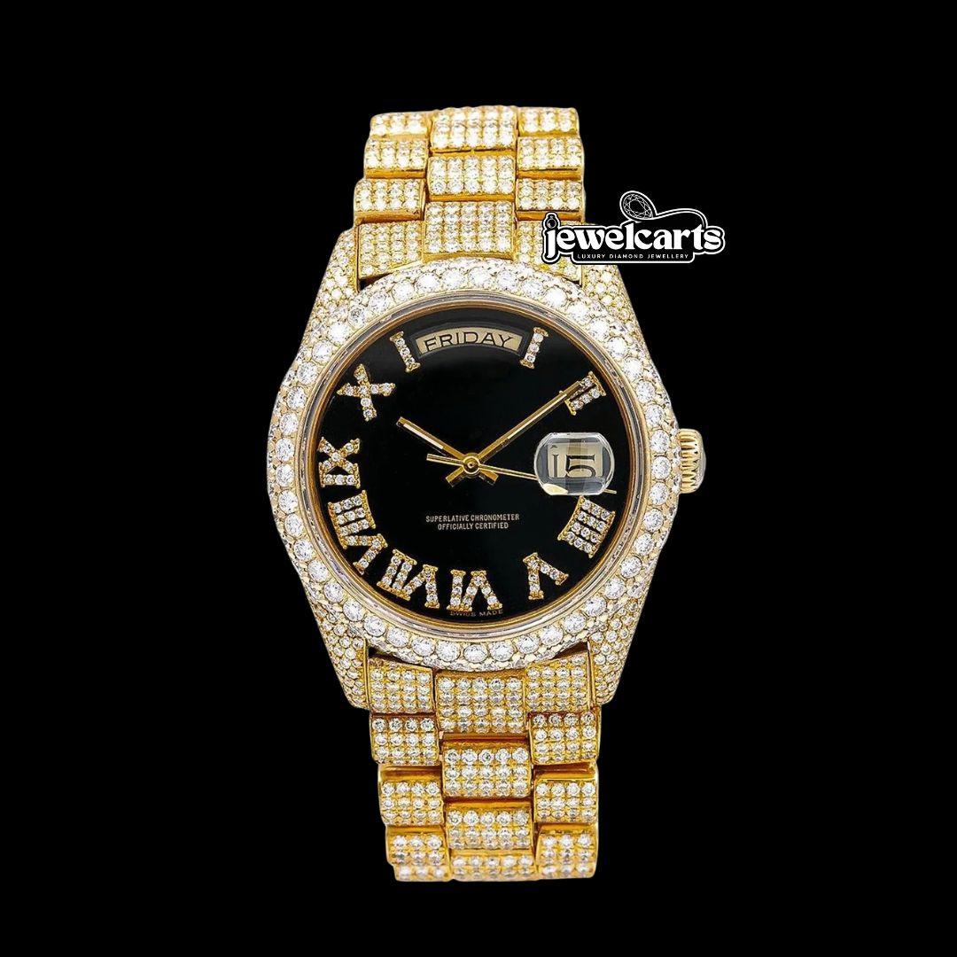 Day-Date Rolex Black Roman Dial Fully Iced Out Yellow Gold President Bracelet Moissanite Watch Front View