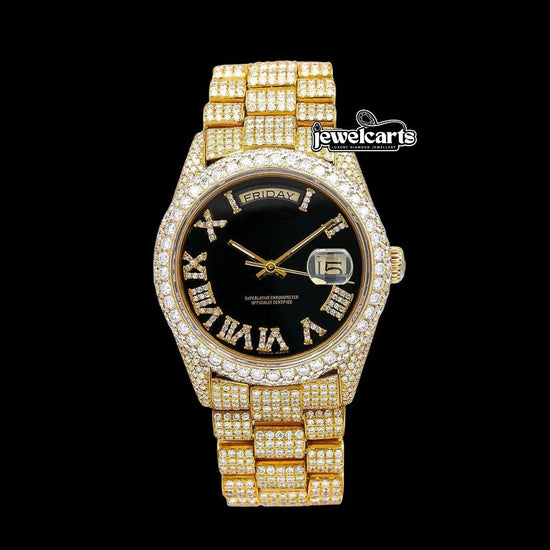 Day-Date Rolex Black Roman Dial Fully Iced Out Yellow Gold President Bracelet Moissanite Watch Front View
