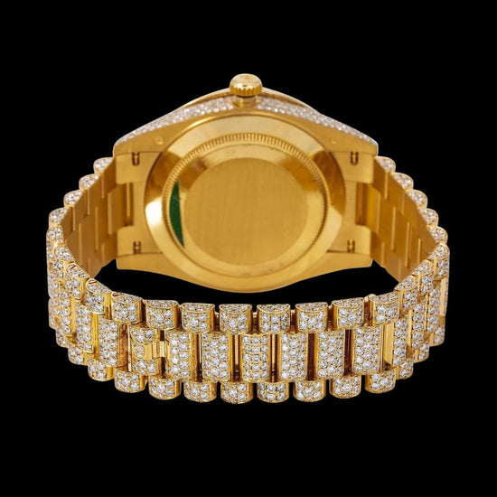 Day-Date Rolex Champagne Diamond Roman Dial Yellow Gold Iced Out President Bracelet Moissanite Watch Caseback View