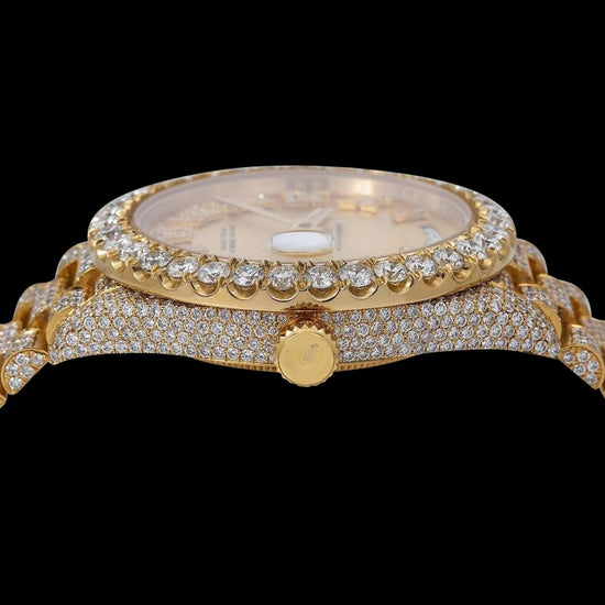 Day-Date Rolex Champagne Diamond Roman Dial Yellow Gold Iced Out President Bracelet Moissanite Watch Crown View
