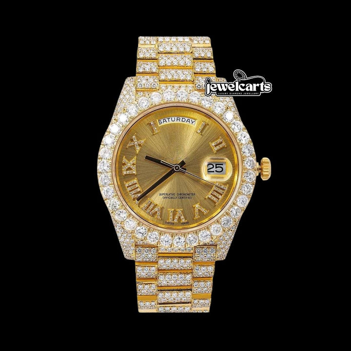 Day-Date Rolex Champagne Diamond Roman Dial Yellow Gold Iced Out President Bracelet Moissanite Watch Front View