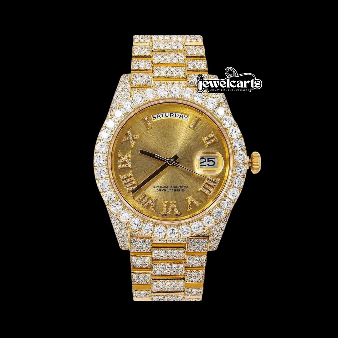 Day-Date Rolex Champagne Diamond Roman Dial Yellow Gold Iced Out President Bracelet Moissanite Watch Front View