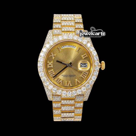 Day-Date Rolex Champagne Diamond Roman Dial Yellow Gold Iced Out President Bracelet Moissanite Watch Front View