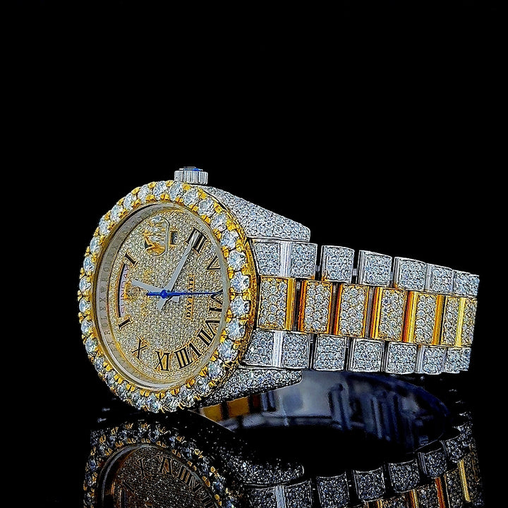 Day Date Rolex Roman Dial Two Tone Yellow Gold President Bracelet Moissanite Watch Left Profile View