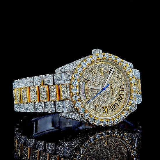 Day Date Rolex Roman Dial Two Tone Yellow Gold President Bracelet Moissanite Watch Right Profile View