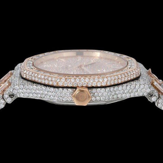 Diamond Markers Rose Gold Dial AP Royal Oak Fully Iced Out Two Tone Moissanite Watch Crown View