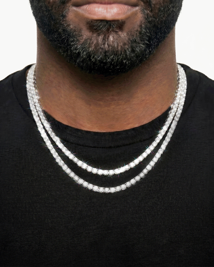 925 Sterling Silver VVS Moissanite Tennis and Cuban Chain Stack