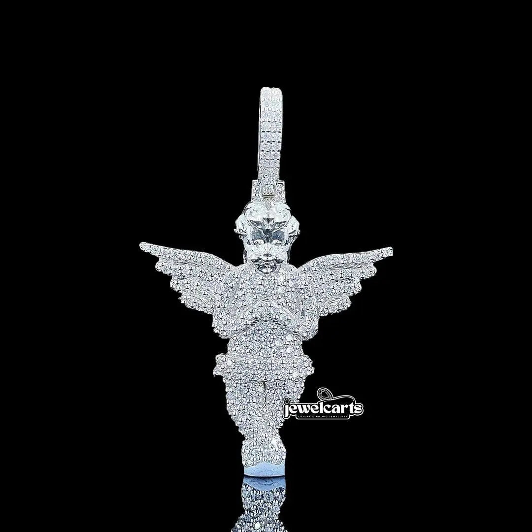 Iced Angel Wings Moissanite Pendant in 925 Sterling Silver Front View
