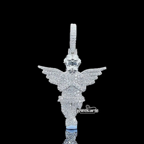 Iced Angel Wings Moissanite Pendant in 925 Sterling Silver Front View