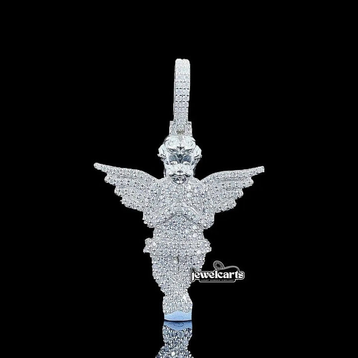 Iced Angel Wings Moissanite Pendant in 925 Sterling Silver Front View