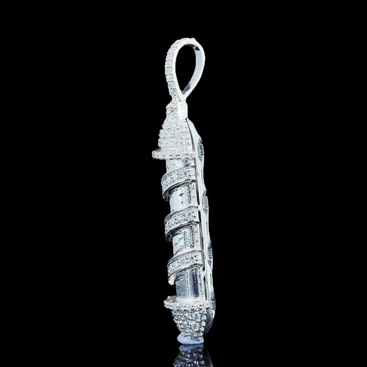 Iced Spiral Pillar Moissanite Pendant in 925 Sterling Silver Left Profile View