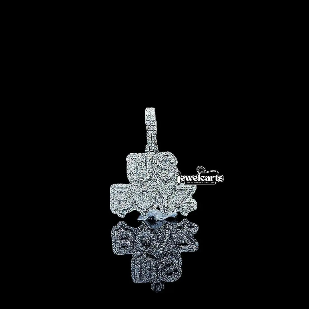 Iced US Boyz Script Moissanite Pendant in 925 Sterling Silver Front View