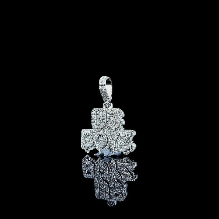 Iced US Boyz Script Moissanite Pendant in 925 Sterling Silver Left Profile View