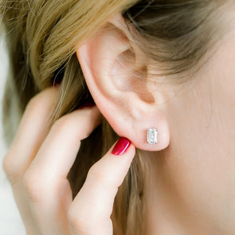 Fictitious Emerald Cut Diamond Stud Earring