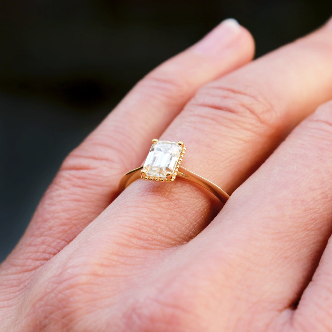 Moissanite 1.76 CT Emerald Cut Diamond Mid-Century Engagement Ring