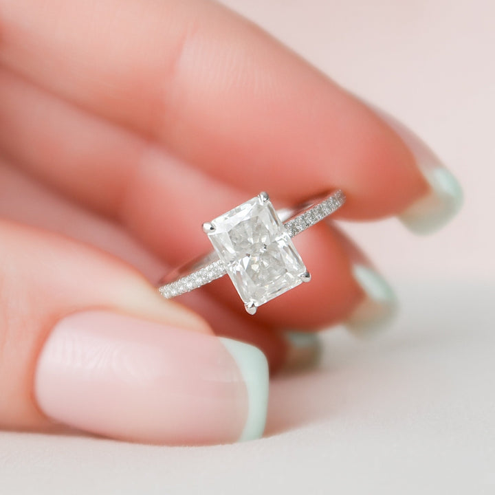 Stunning Radiant Moissanite Handmade Ring with Hidden Halo